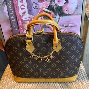 Louis Vuitton Brown & Tan Monogram Alma Satchel with Charm Chain